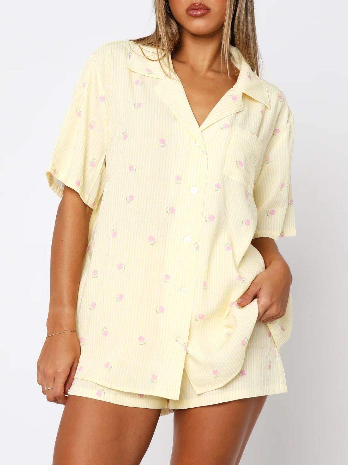 Valentine's Day Printed Collared Neck Short Sleeve Top and Shorts Set - Trendsi - Flyclothing LLC
