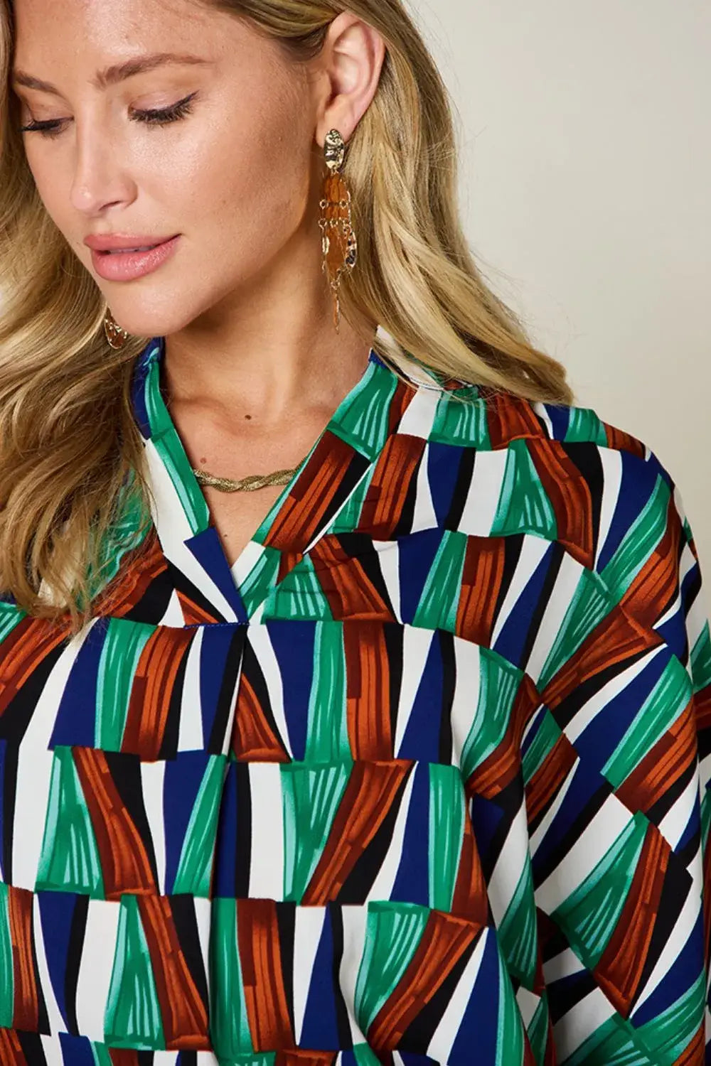 Double Take Full Size Geometric Notched Dolman Sleeve Top - Trendsi - Flyclothing LLC