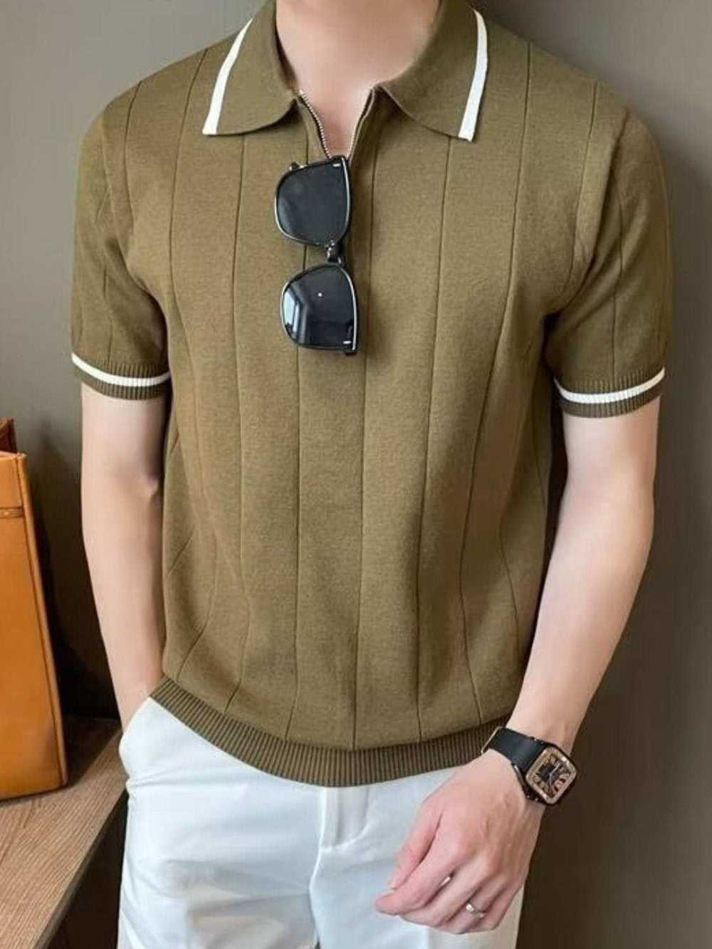 Men's Plus Size Quarter Zip Short Sleeve Polo - Trendsi - Flyclothing LLC