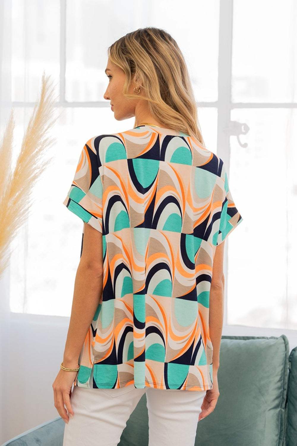 Sew In Love Wrinkle-Free Geometric Short Sleeve Shirt - Trendsi - Flyclothing LLC