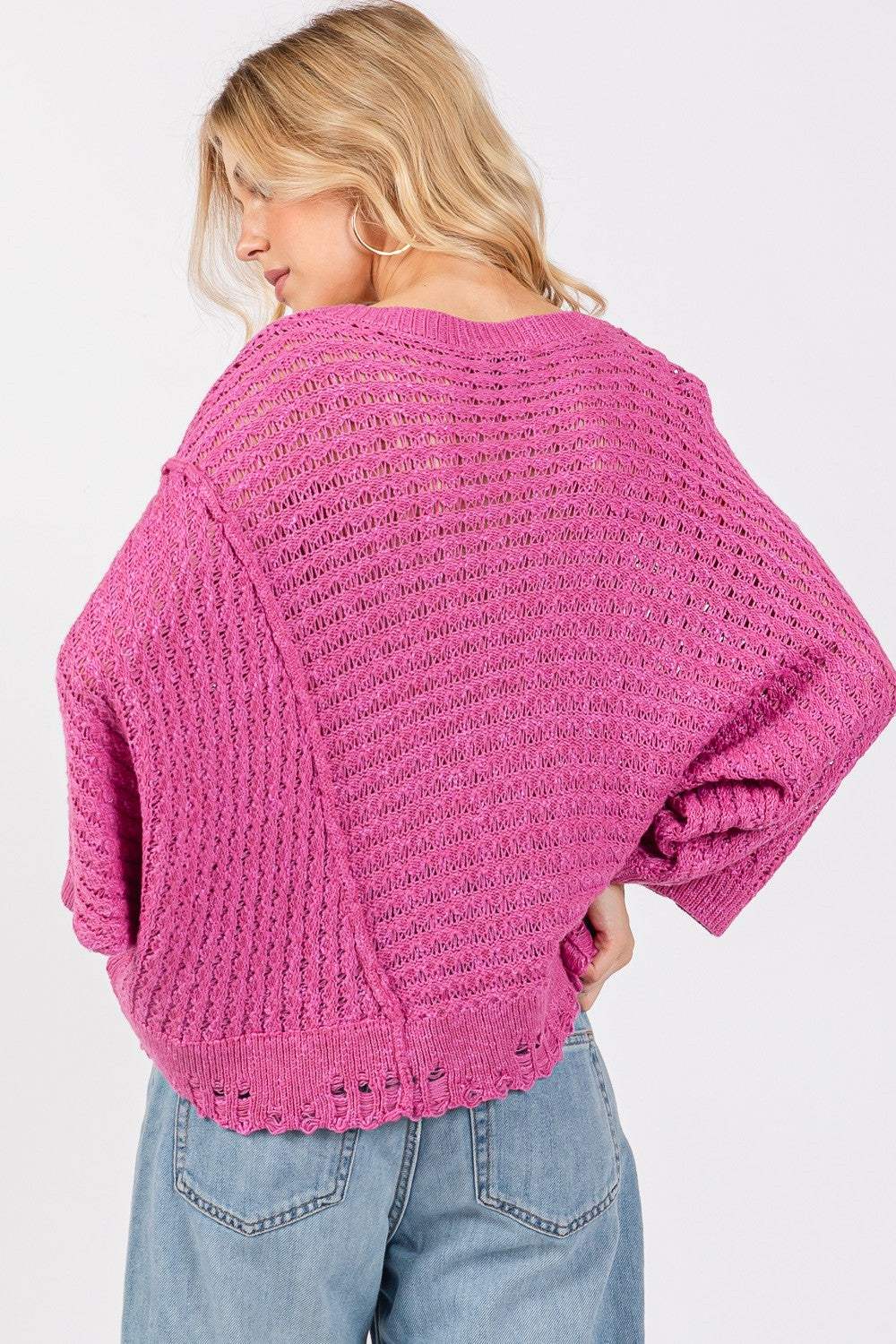 SAGE + FIG Distressed Asymmetrical Open Stitch Sweater - Trendsi - Flyclothing LLC
