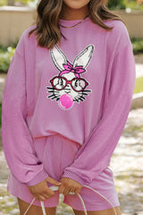 Bubble Gum Rabbit Sequin Corded Rib Top and Shorts Set - Trendsi - Flyclothing LLC