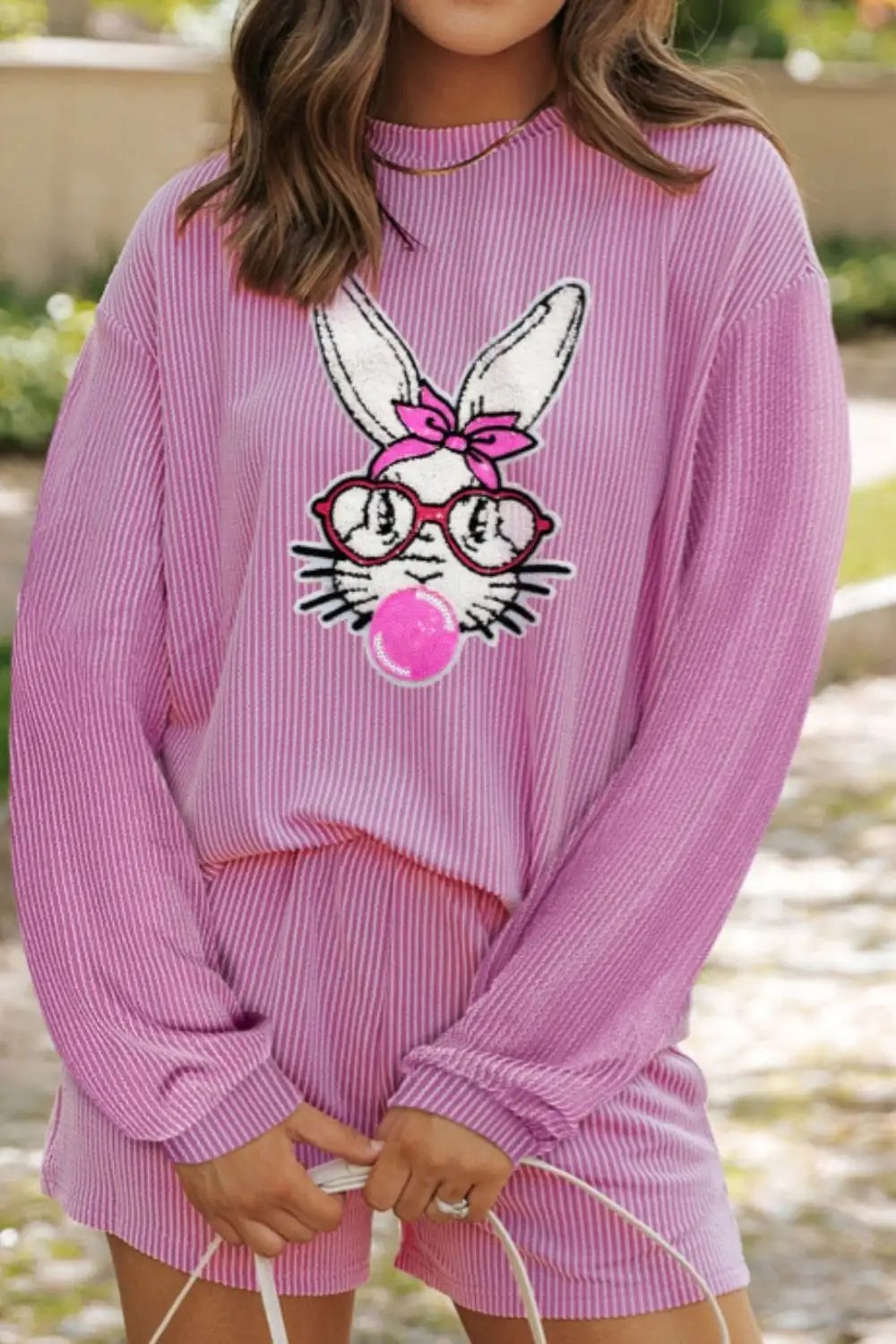 Bubble Gum Rabbit Sequin Corded Rib Top and Shorts Set - Trendsi