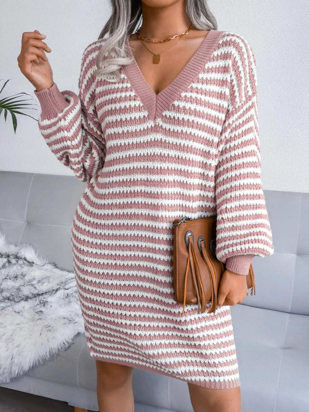 Striped V-Neck Long Sleeve Sweater Dress - Trendsi - Flyclothing LLC