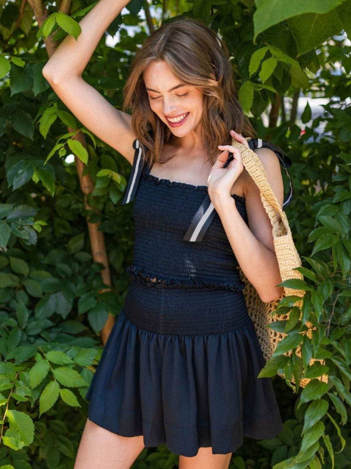 Smocked Tie Shoulder Top and Mini Skirt Set - Trendsi - Flyclothing LLC