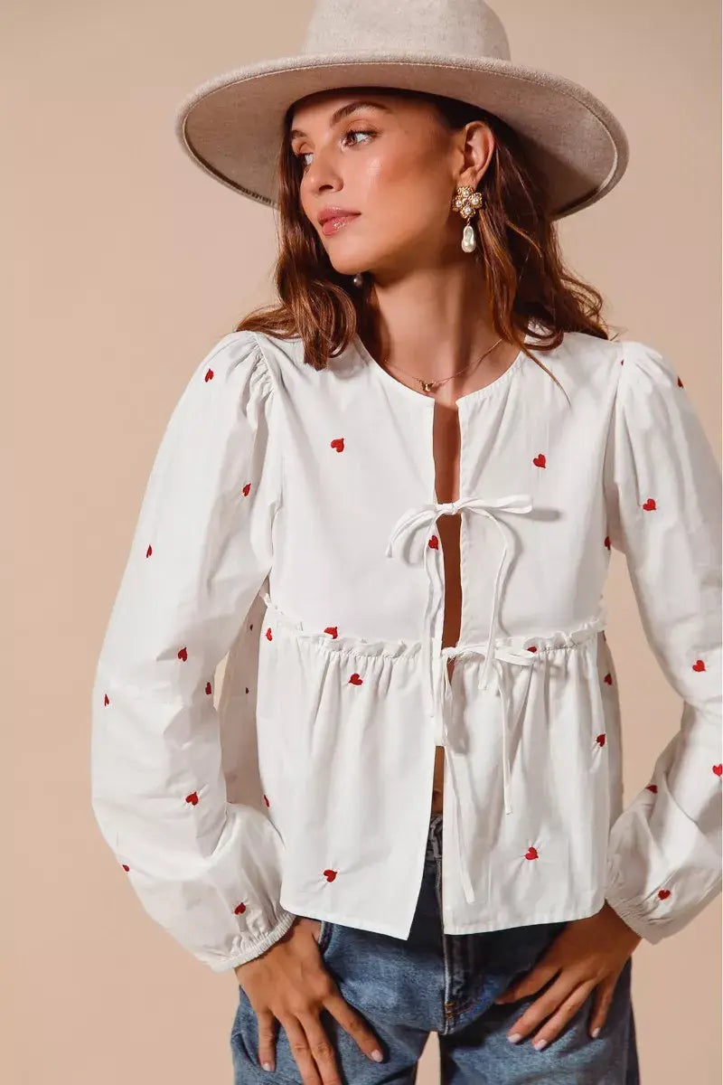 SO ME Front Tie Heart Embroidered Blouse With Puff Sleeve - Trendsi - Flyclothing LLC