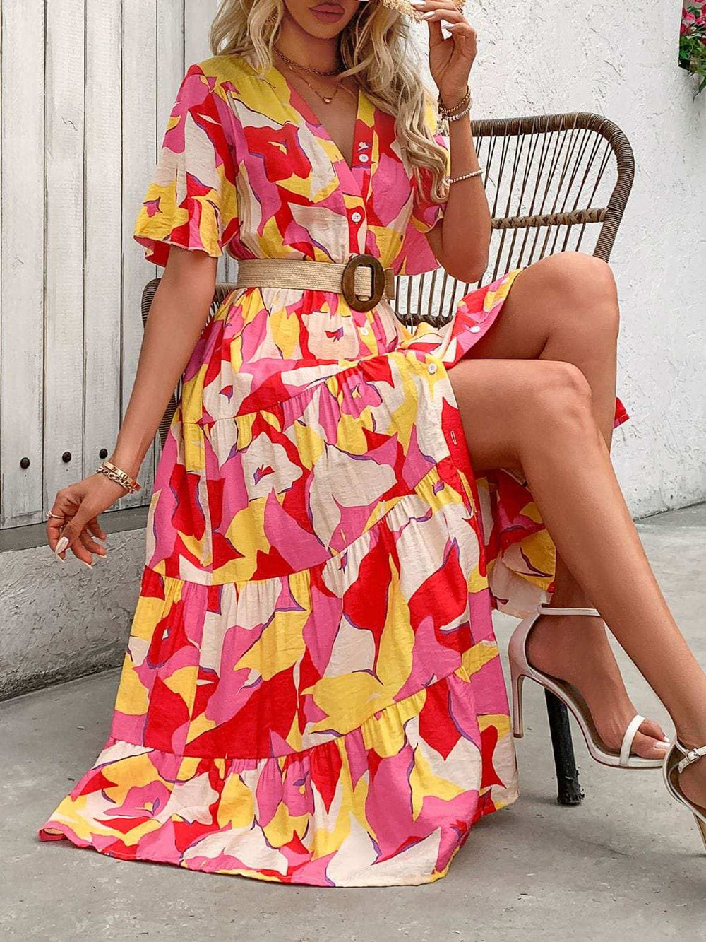 Printed V-Neck Flutter Sleeve Midi Dress - Trendsi - Flyclothing LLC