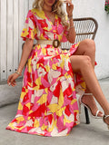 Printed V-Neck Flutter Sleeve Midi Dress - Trendsi