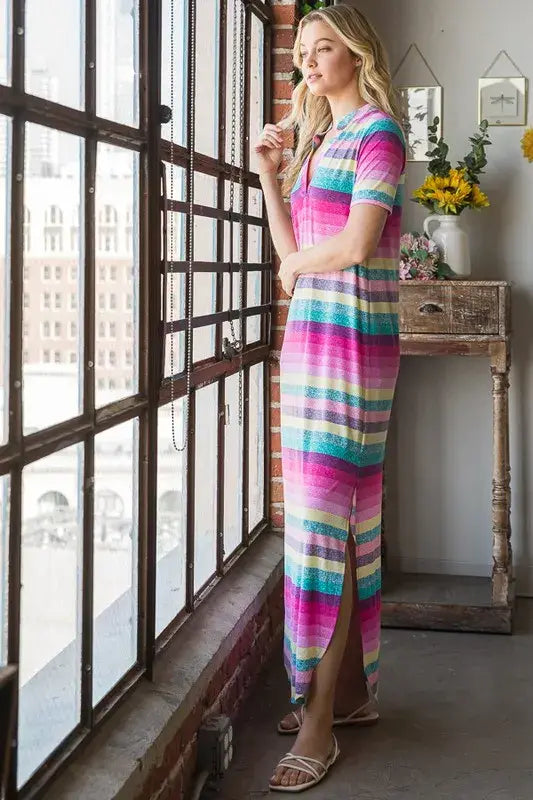 Heimish Full Size Striped Short Sleeve Maxi Tee Dress Plus Size - Trendsi - Flyclothing LLC