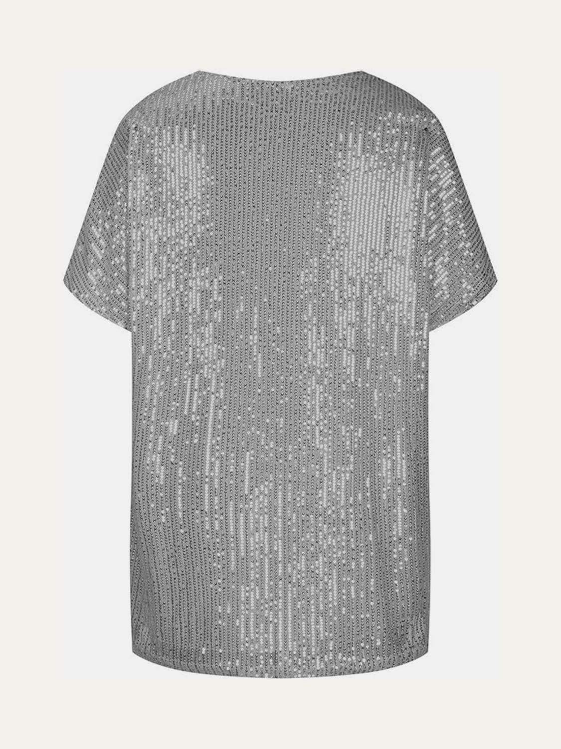 Full Size Sequin V-Neck Short Sleeve Top - Trendsi - Flyclothing LLC
