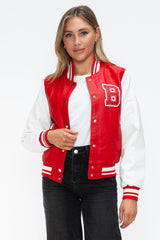 Love Me Now PU Leather Contrast Snap Down Bomber Jacket - Trendsi