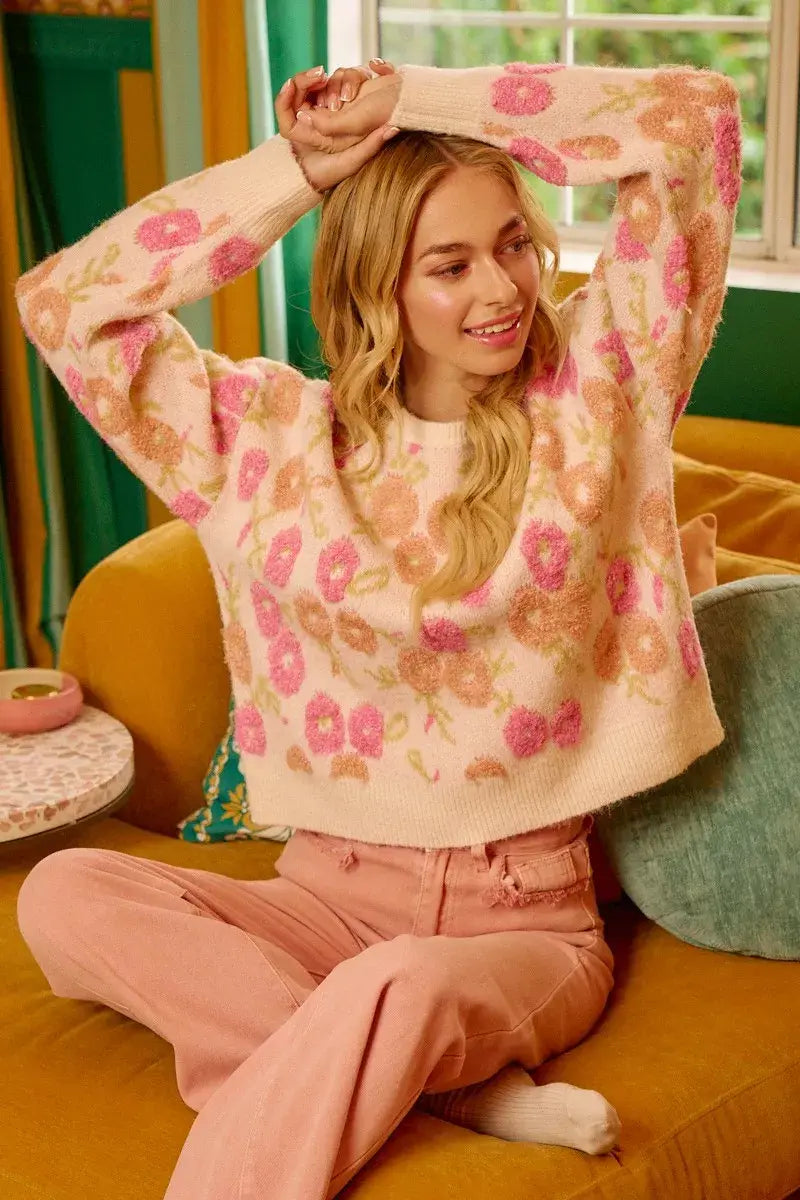 BiBi Towel Texture Floral Pattern Sweater - Trendsi - Flyclothing LLC