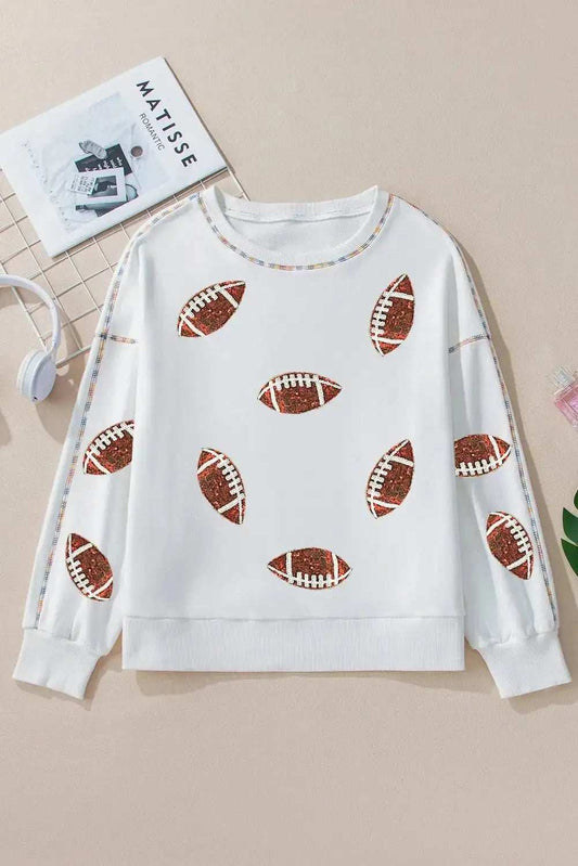 Sequin Football Round Neck Long Sleeve Sweatshirt - Trendsi - Flyclothing LLC