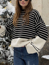Striped Mock Neck Long Sleeve Sweater - Trendsi - Flyclothing LLC
