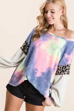 BiBi Tie Dye Terry Top with Contrast Puff Sleeves - Trendsi - Flyclothing LLC