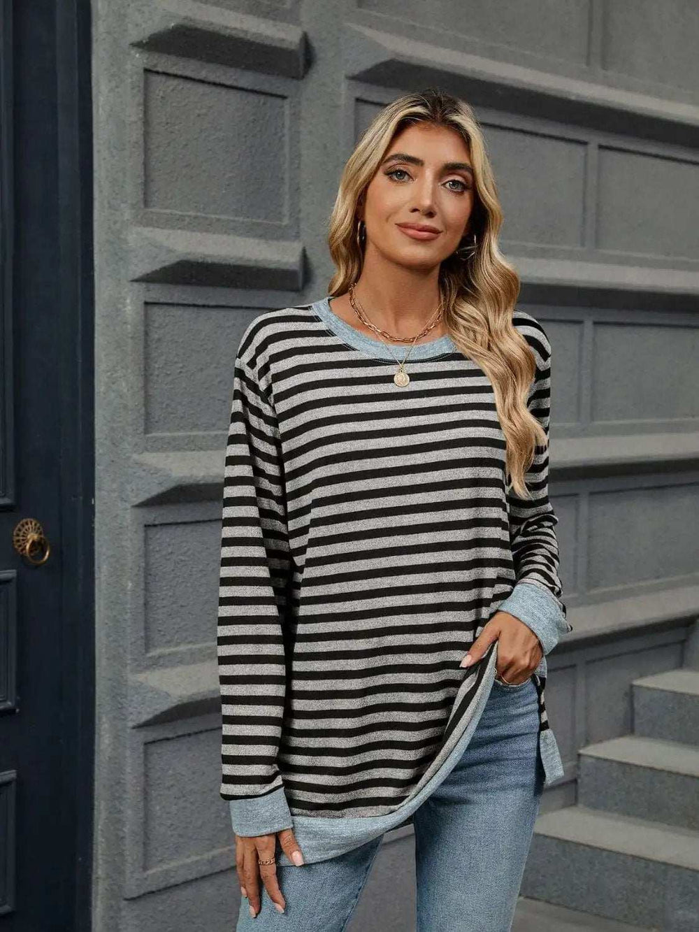 Striped Round Neck Long Sleeve T-Shirt - Trendsi - Flyclothing LLC