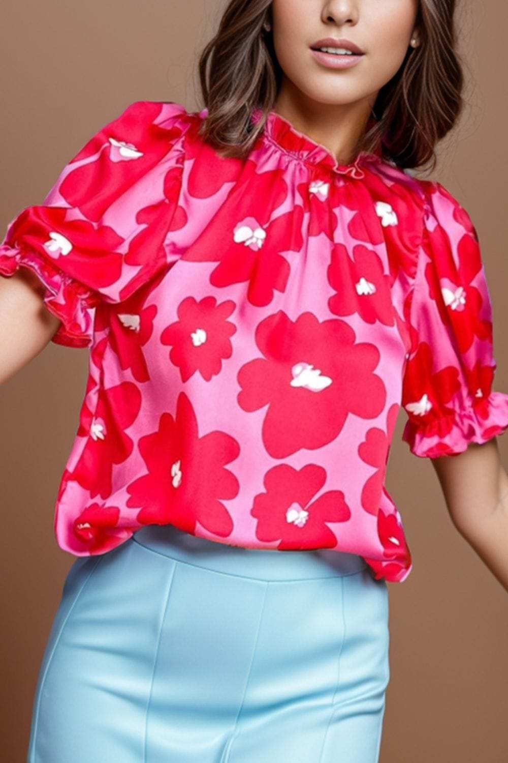 Ruffled Printed Mock Neck Short Sleeve Blouse - Trendsi - Flyclothing LLC