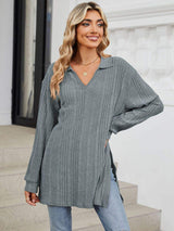 Slit Johnny Collar Long Sleeve T-Shirt - Trendsi - Flyclothing LLC