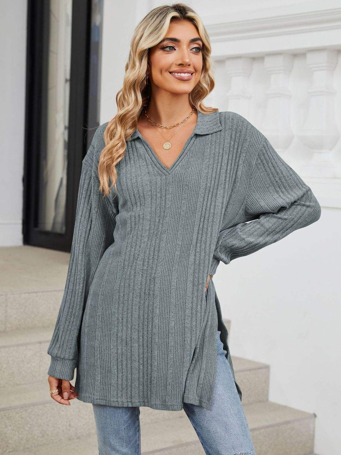 Slit Johnny Collar Long Sleeve T-Shirt - Trendsi - Flyclothing LLC