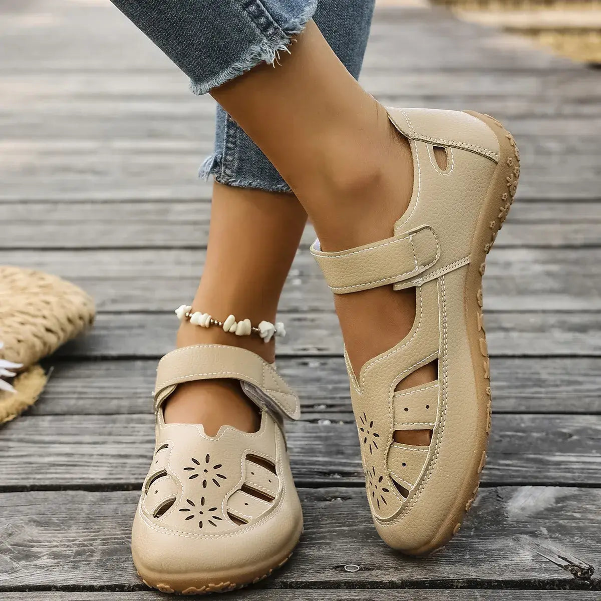 Cutout Velcro Straps Sandals - Trendsi - Flyclothing LLC