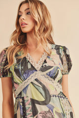 Aemi + Co Lace Detail Slit Geometric Print Short Sleeve Maxi Dress - Trendsi - Flyclothing LLC