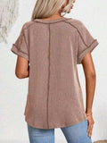 Exposed Seam V-Neck Short Sleeve Top - Trendsi - Flyclothing LLC