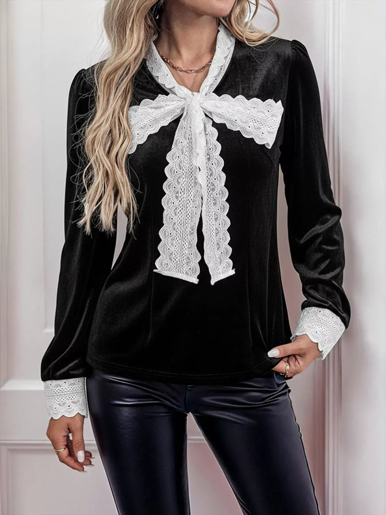 Lace Bow Tie Velvet Blouse - Trendsi - Flyclothing LLC