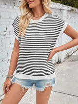 Lovelet Striped Round Neck Cap Sleeve Sweater - Trendsi - Flyclothing LLC