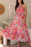 Floral Print Shirred One Shoulder Maxi Dress - Trendsi