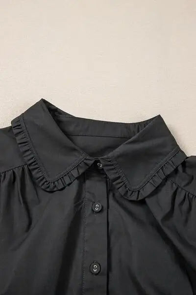 Button Down Puff Sleeve Ruffle Hem Dress - Trendsi - Flyclothing LLC