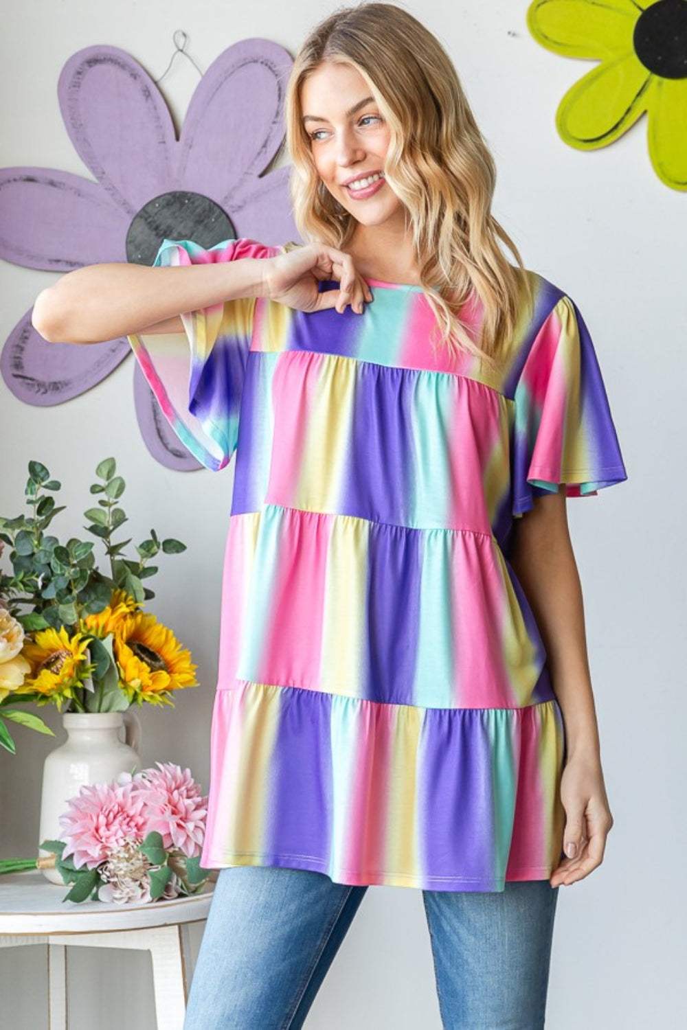 Heimish Full Size Short Sleeve Striped Tiered Top - Trendsi - Flyclothing LLC