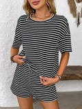 Striped Round Neck Short Sleeve Top and Shorts Set - Trendsi - Flyclothing LLC