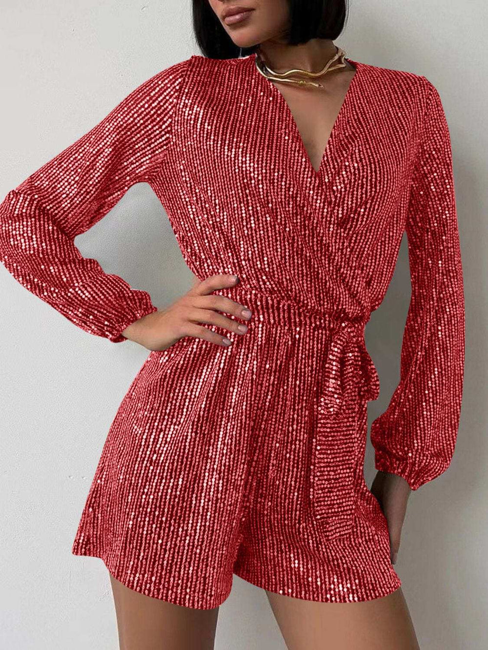 Full Size Sequin Surplice Tie Waist Long Sleeve Romper - Trendsi - Flyclothing LLC