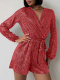 Full Size Sequin Surplice Tie Waist Long Sleeve Romper - Trendsi - Flyclothing LLC