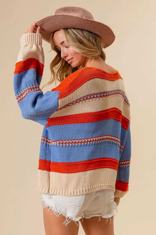 BiBi Multi Color Stripe Scoop Neck Sweater - Trendsi - Flyclothing LLC