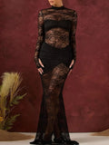 Lace Sheer Mock Neck Long Sleeve Maxi Dress - Trendsi - Flyclothing LLC