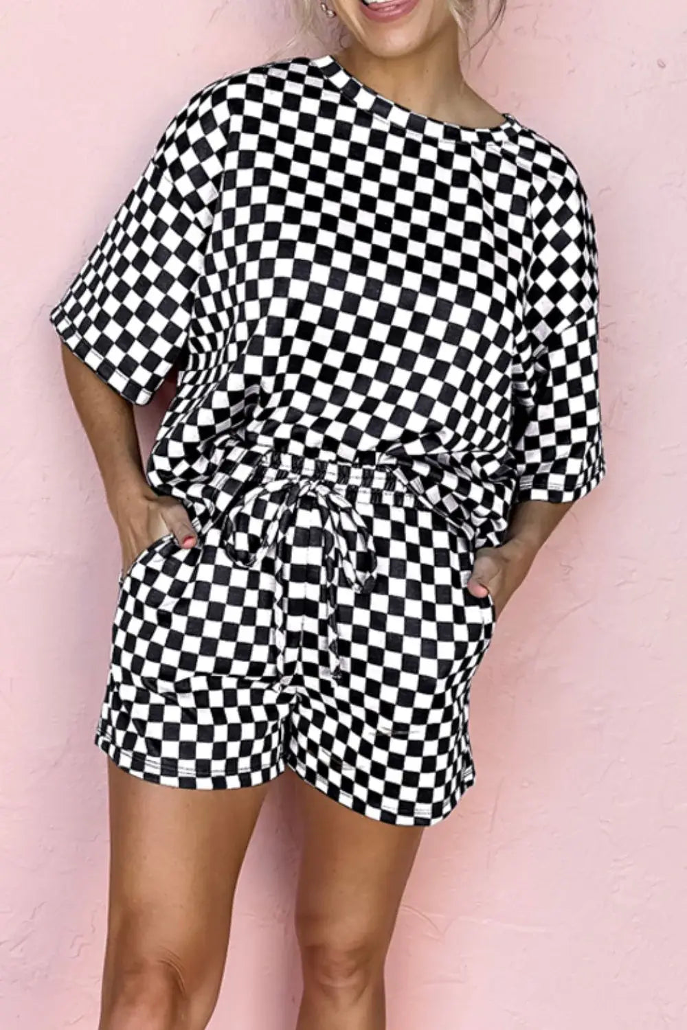 Checkered Round Neck Top and Shorts Set - Trendsi - Flyclothing LLC