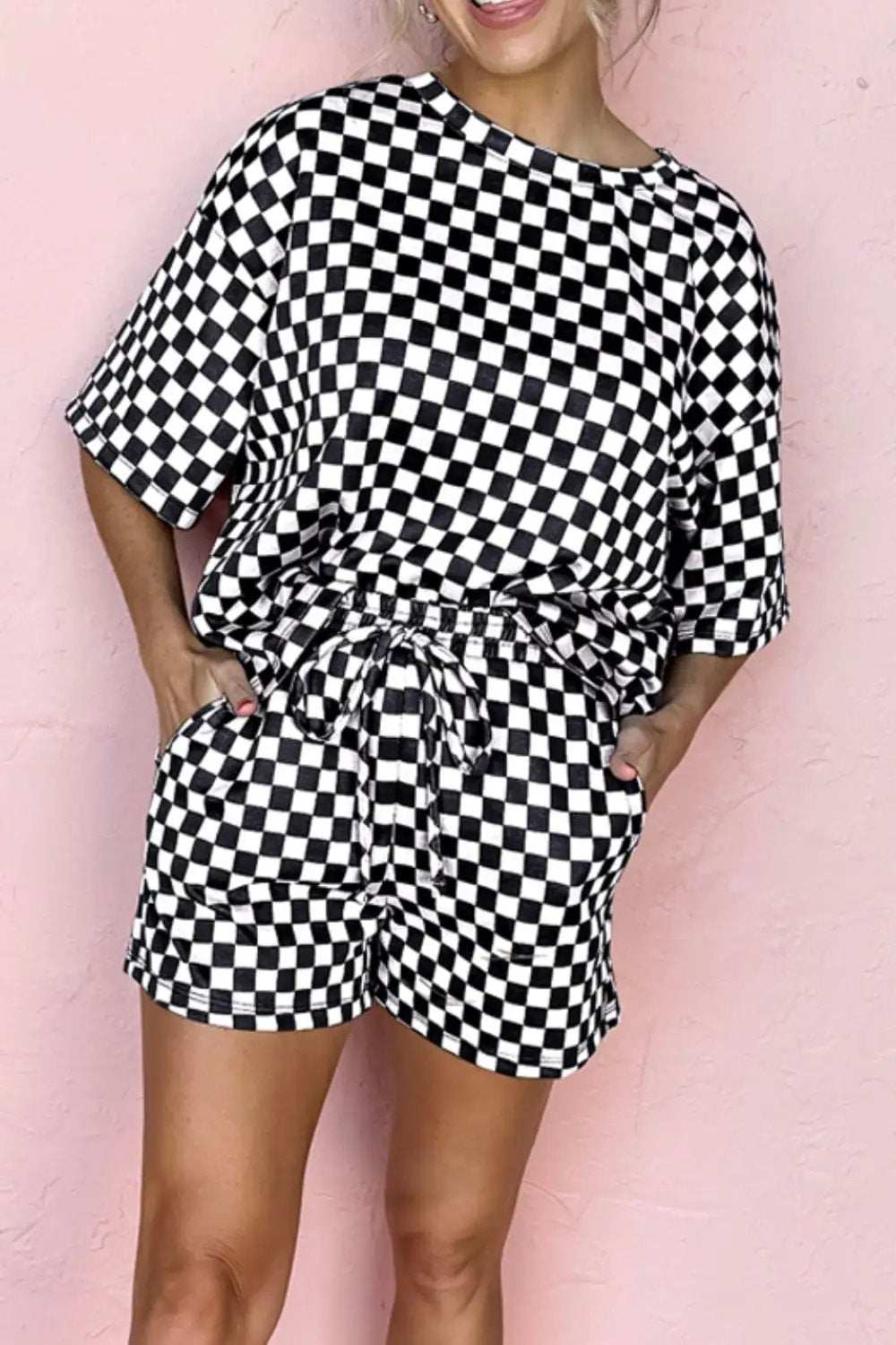 Checkered Round Neck Top and Shorts Set - Trendsi - Flyclothing LLC