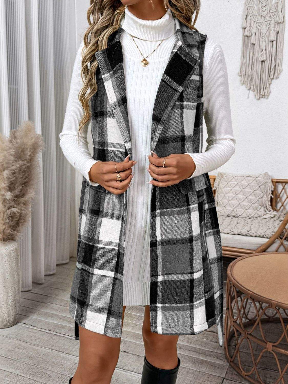 Perfee Tied Plaid Vest Coat - Trendsi - Flyclothing LLC