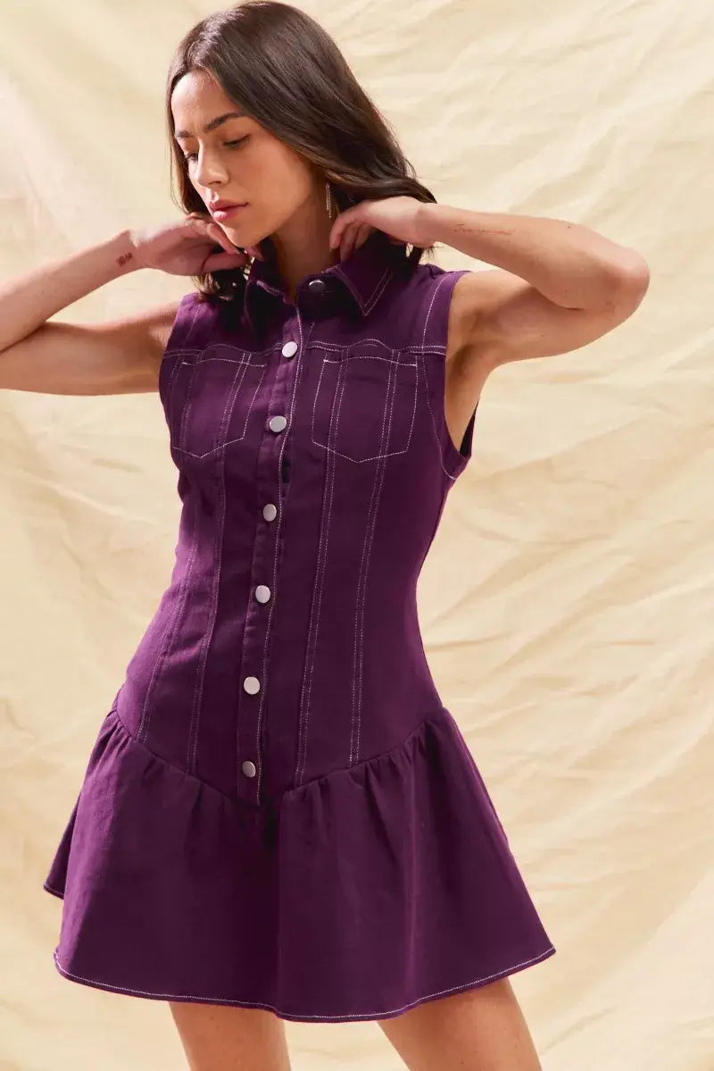 SO ME Button Down Sleeveless Collared Game Day Mini Dress - Trendsi - Flyclothing LLC
