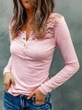 Lace Half Snap Long Sleeve T-Shirt - Trendsi