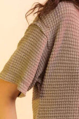 Waffle-Knit Notched Half Sleeve T-Shirt - Trendsi - Flyclothing LLC