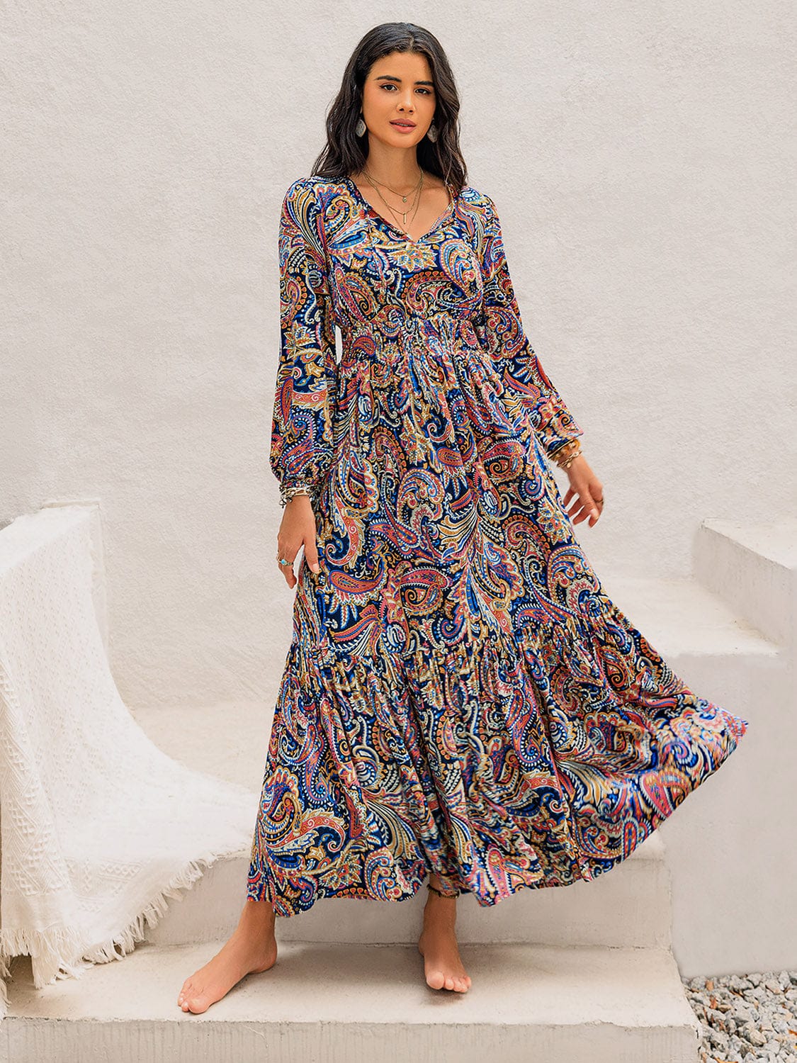 Printed Tie Neck Long Sleeve Midi Dress - Trendsi