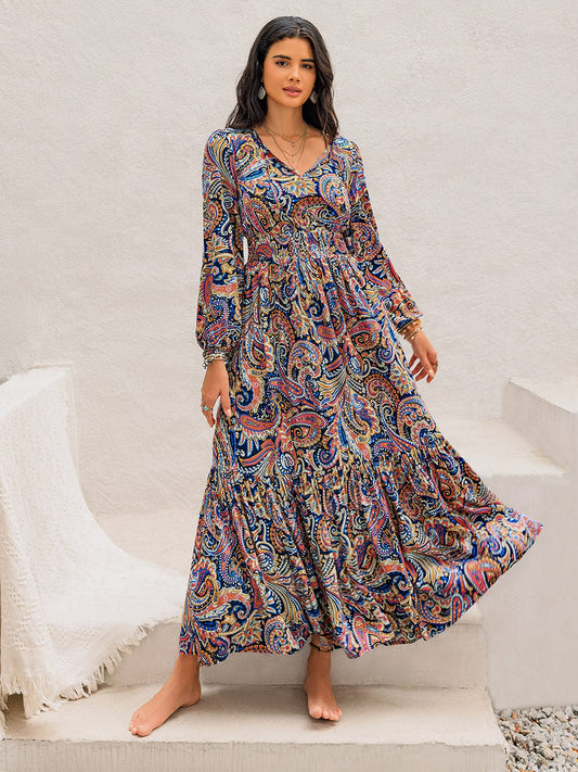 Printed Tie Neck Long Sleeve Midi Dress - Trendsi