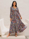 Printed Tie Neck Long Sleeve Midi Dress - Trendsi - Flyclothing LLC
