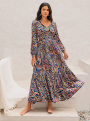 Printed Tie Neck Long Sleeve Midi Dress - Trendsi