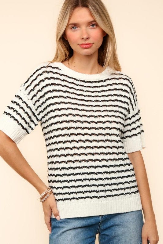 Haptics Openwork Striped Round Neck Half Sleeve Knit Top - Trendsi