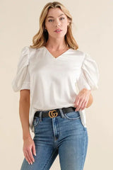 And The Why Plain Satin Puff Shirring V Neck Blouse Top - Trendsi - Flyclothing LLC