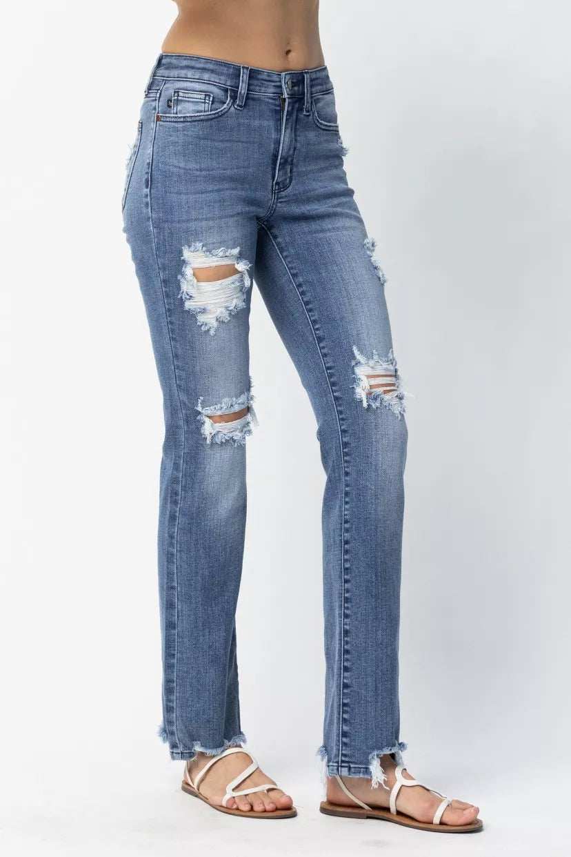 Judy Blue Full Size Mid Rise Destroy Straight Jeans Plus Size - Trendsi - Flyclothing LLC