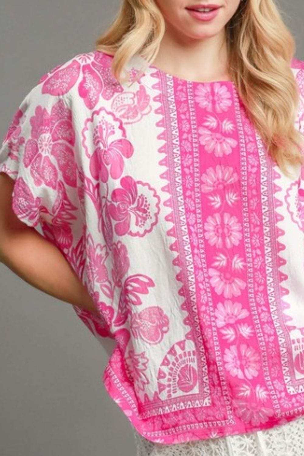 Umgee Full Size Floral Border Print Oversized Top Plus Size - Trendsi - Flyclothing LLC